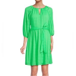 DKNY Green Metallic Check Keyhole Balloon Sleeve Belted Dress Small EUC